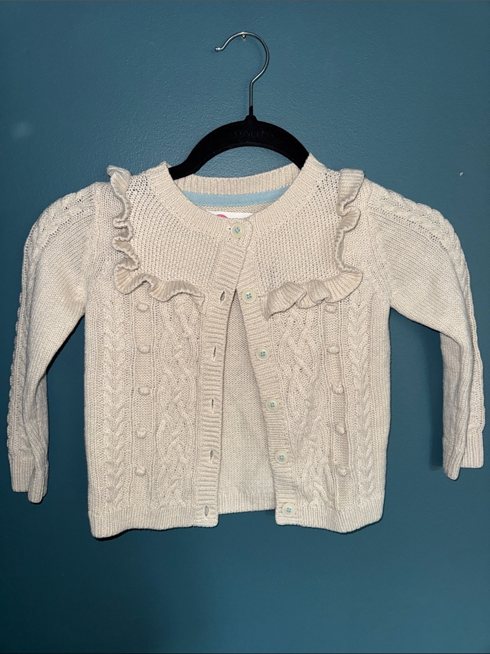 Mini Boden Cream Ruffle Cable Cardigan
